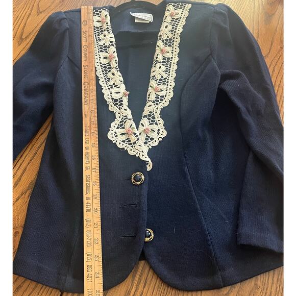 Vintage Navy Lace Flowers Sweater Blazer Made USA-Size 10 - Picture 4 of 7